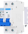 20 Amp Two Pole 120V And 240V Circuit Breaker With Thermal Magnetic Trip For Solar And RV Systems DIN Rail AC Disconnect C20 Multi Voltage Protection And Low Voltage Safety Rock Solid, shown with DIN rail and screws