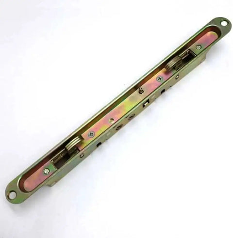 Heavy Duty Dual Point Double Hook Sliding Glass Door Mortise Lock With 3/8 Inch Recessed Plate And 12.5 Inch Hole Spacing close-up view.