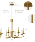 Modern Gold 8 Light Chandelier With Candlestick Lights For Dining Room Farmhouse Style Over Table Entryway Hallway Kitchen Island Living Room Bedroom 28 Inch E12 featuring adjustable metal chain and rod.