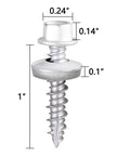 White Metal Roofing Screws Kit With 150 Pcs 10x1 Inch Galvanized Hex Head Self Tapping Screws With EPDM Washer For Metal To Wood Siding And Corrugated Roofing Includes Free One Quarter Inch Hex Driver Bit, showing close-up of screw dimensions.