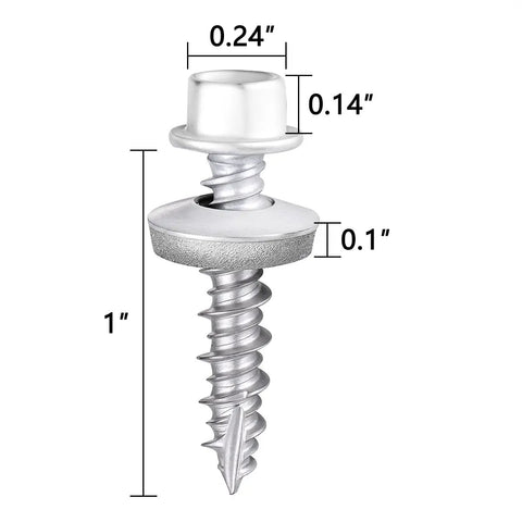 White Metal Roofing Screws Kit With 150 Pcs 10x1 Inch Galvanized Hex Head Self Tapping Screws With EPDM Washer For Metal To Wood Siding And Corrugated Roofing Includes Free One Quarter Inch Hex Driver Bit, showing close-up of screw dimensions.