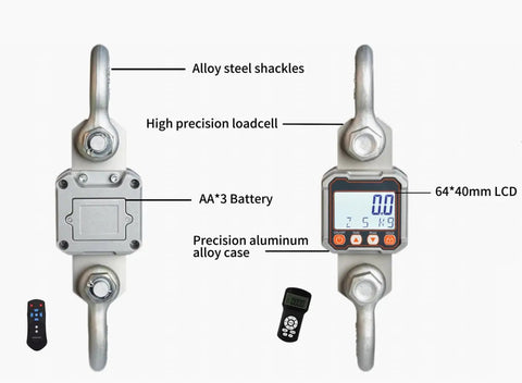 5 Ton Tension Dynamometer Force Gauge With Wireless Remote For Cable And Rope Pull Or Push Heavy Duty Crane Hanging Digital Scale Up To 11000 Lbs Maximum Load And 10000 Lbs Readout Range Tare Zero Peak Hold And Accumulating Readouts, alloy steel shackles and LCD display