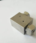 Side view of stainless steel elbow valve spare part for water jet cutter, 1/4in inlet/outlet, 2 ports