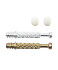 Heavy Duty Three In One Screw Connector Bolt For Furniture Assembly Rock Solid Cabinet Hardware Badass Cam Lock Nuts Built Tough Quick Setup Woodworking Panel Joinder Kit M6X40MM Carbon Steel image showing silver and gold connectors with caps.