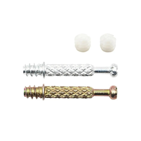 Heavy Duty Three In One Screw Connector Bolt For Furniture Assembly Rock Solid Cabinet Hardware Badass Cam Lock Nuts Built Tough Quick Setup Woodworking Panel Joinder Kit M6X40MM Carbon Steel image showing silver and gold connectors with caps.