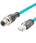 M12 X Code To RJ45 Bulkhead Panel Mount Ethernet Cable CAT6A Beefy Shielded High Flex For Industrial Vision And GigE Vision Cameras, Machine Vision, PoE Sensors, PLCs And Robotics, IP67 Protected, 0.3m Length, blue cable