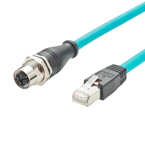 M12 X Code To RJ45 Bulkhead Panel Mount Ethernet Cable CAT6A Beefy Shielded High Flex For Industrial Vision And GigE Vision Cameras, Machine Vision, PoE Sensors, PLCs And Robotics, IP67 Protected, 0.3m Length, blue cable