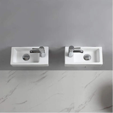 Wall Hung Cloakroom Basin Sink Small Rectangle Ceramic Wash Basin White High Gloss Finish Right Hand Tap Hole slick modern pair