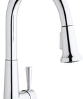 Single Hole Deck Mount Kitchen Faucet With Pull Down Sprayer And Forward Only Lever Chrome ADA Compliant Lead Free Certification NSF ANSI 61 372 Solid Brass Waterways Includes Two Aerators Easy Install in chrome.