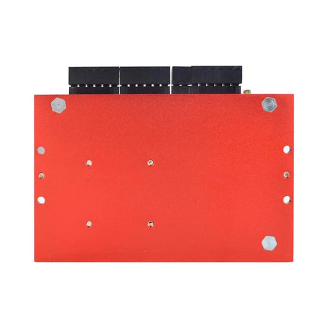 Stepper driver module, red metal enclosure with black terminal blocks on top.