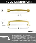 Dimensions of Brushed Gold Cabinet Pulls 5 Inch Hole Center 6 Pack Zinc Alloy Handles shown with measurements.