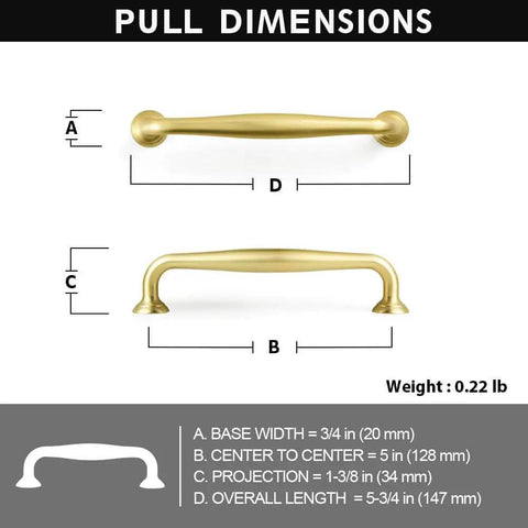 Dimensions of Brushed Gold Cabinet Pulls 5 Inch Hole Center 6 Pack Zinc Alloy Handles shown with measurements.