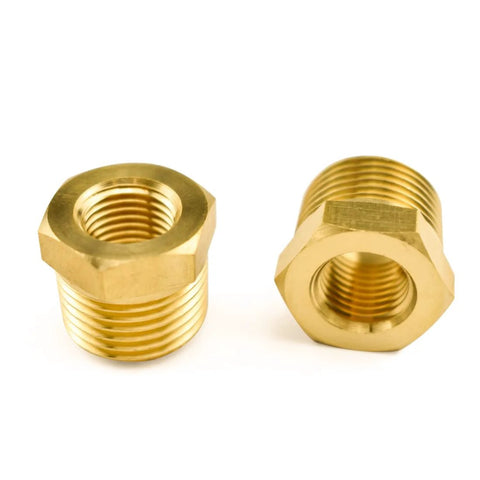 Two brass NPT reducer adapters, 1/2 in male to 1/4 in female, hex body, front view