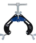 Front view of B&B 1220 PDQ pipe clamp (Small) for 1–3 in pipe; blue jaw, black curved arms, wing screws