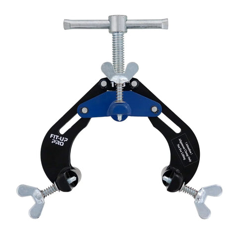 Front view of B&B 1220 PDQ pipe clamp (Small) for 1–3 in pipe; blue jaw, black curved arms, wing screws