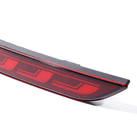 Straight Swap Led Rear Bumper Brake Lights With Sequential Drl Turn Signal Lamps For 2020 To 2023 Tesla Model Y Red Housing close-up view