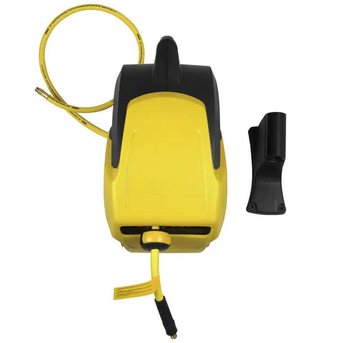 Top view of bright yellow Three Eighths Inch Fifty Foot Hybrid Polymer Air Hose With Auto Retract Enclosed Reel