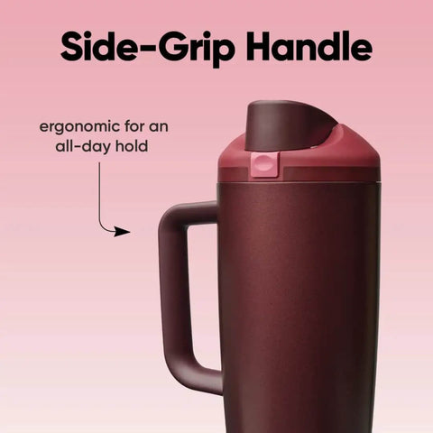 FreeSip Insulated Stainless Steel Tumbler With Built In Straw 40oz Side Handle Leak Proof BPA Free Travel Bottle in Black Cherry
