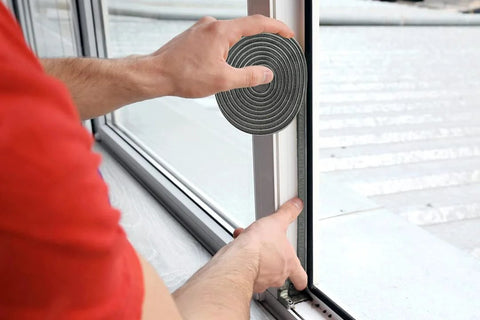Grey Bruiefpap self-adhesive weather-stripping roll installed on a window frame for door insulation.