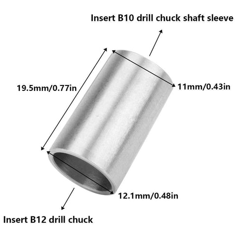 Angled side view of stainless steel B10-B12 drill chuck conversion sleeve (drill chuck adapter)