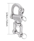 Rock Solid 316 Stainless Steel Swivel Snap Shackle For Sailboat Halyard Rigging And Heavy Duty Marine Hardware With A Tough As Nails Saltwater Resistant Build For Top Tier Yacht And Docking Applications Five Inch Model showing dimensions 5.0 inches.