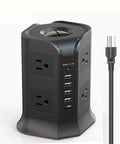 Vertical Tower Surge Protector Power Strip with eight wide outlets, USB ports, and 6.5 ft extension cord for efficient home charging.