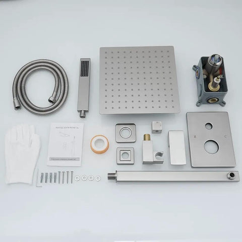 Brushed Nickel Shower System With 10 Inch Rain Shower Head And Handheld Wall Mounted Luxury Shower Mixer 304 Stainless Steel Hose Brass Valve And Trim All Metal Built To Last Rough In Valve Included components display.