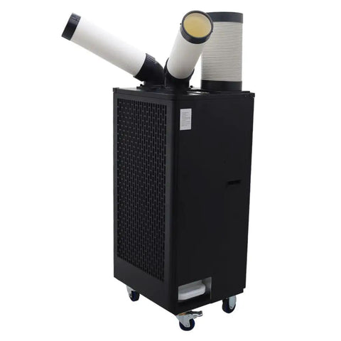 Heavy Duty 8 Liter Portable Air Conditioner With Easy Glide Casters For Garages And Backyard Hangouts 15400 Btu Spot Cooler showing dual exhaust tubes.