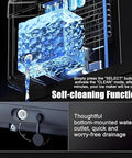 Self Cleaning Countertop Nugget Ice Maker Churns Out Twenty Six Pounds Of Bullet Ice Daily With Lightning Fast Six Minute Cycles And Tool Free Setup For Easy Party Hosting, showing self-cleaning function with water outlet.