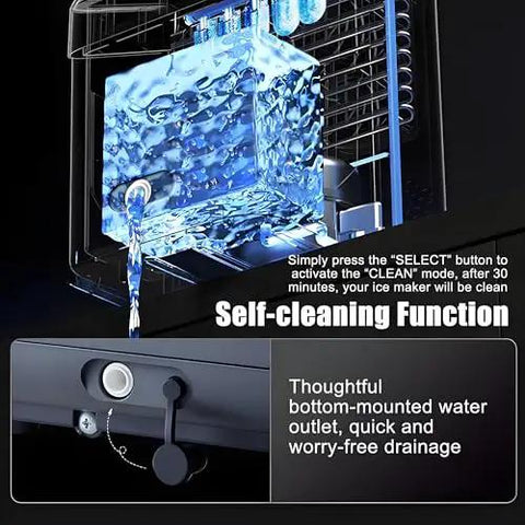 Self Cleaning Countertop Nugget Ice Maker Churns Out Twenty Six Pounds Of Bullet Ice Daily With Lightning Fast Six Minute Cycles And Tool Free Setup For Easy Party Hosting, showing self-cleaning function with water outlet.