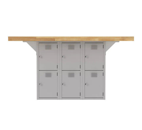Heavy Duty 12 Bay Locker Workbench Station, Gray Baked Enamel Steel Frame With Solid Hardwood Top, 64x54x33 storage lockers.
