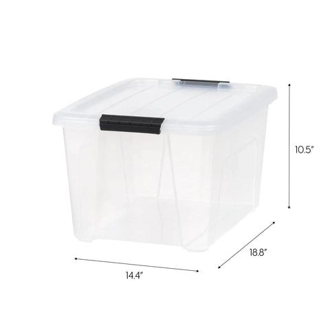 Front view of 32 Qt Clear Plastic Storage Bin with Lid, Stackable Tote Container with Black Latch Buckles, See Through Body