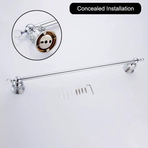 Crystal Chrome Bathroom Accessory Set with 24 Inch Towel Bar, concealed installation, polished silver zinc alloy hardware.