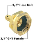 Three Eighths Inch Barb To Three Quarters Inch GHT Female Garden Hose Adapter Heavy Duty Brass Connectors Closeup