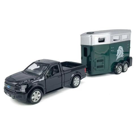 1/36 Scale Diecast Pickup Truck With Trailer And Horse Transporter Open Doors Farm Rig, Metal Toy Car For Kids
