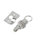 Front view: 58.5mm stainless steel latch lock fastener with mounting plate; two-piece, mirror-polished marine-grade finish