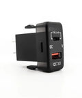 Blue Dual Port PD And QC 3.0 Fast Car Charger With Bright LED Voltmeter side view showcasing USB Type-C and QC 3.0 ports.