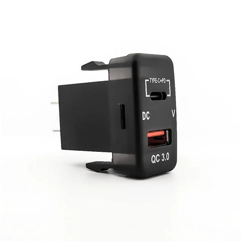 Blue Dual Port PD And QC 3.0 Fast Car Charger With Bright LED Voltmeter side view showcasing USB Type-C and QC 3.0 ports.