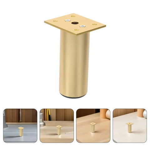 Adjustable Aluminum Furniture Legs Set 4 Pack With Quick Install Round Golden Design Durable Sofa Couch Cabinet Table Feet Replaces Worn Parts For DIY Furniture Projects Easy Leveling On Uneven Floors displayed on table surface.
