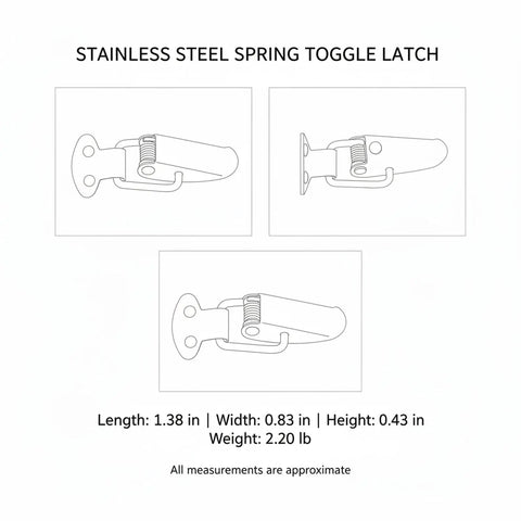Line drawings of a stainless steel spring toggle latch with dimensions for heavy duty stainless steel draw latch for toolboxes, crates and cases.