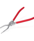 Front view of pliers-style washer door boot clamp ring removal tool with red handles and metal jaws.
