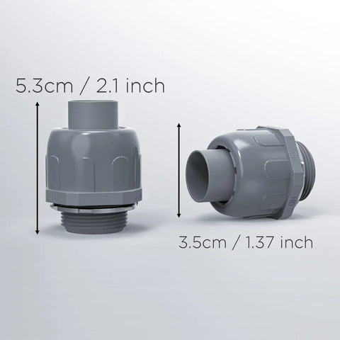 Side view of HDHAODA Conduit Connectors, 1/2 Inch Liquid Tight Connector NPT Non-Metallic for PVC fittings with size measurements.