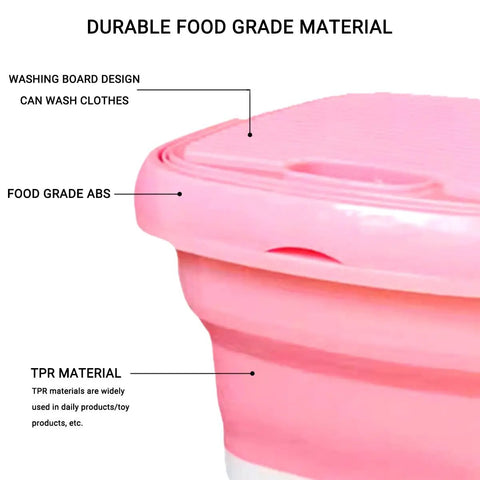 Detail of pink Compact Foldable Portable Washing Machine With Spin Dryer Bucket showing washing board design and materials.