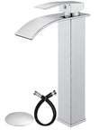 Tall Vessel Sink Faucet With Waterfall Flow Style Single Hole Install One Handle Mixer Tap Chrome Finish SUS304 Stainless Steel