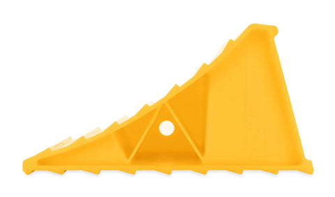 Camco wheel chock, side view, yellow plastic for RV/trailer stability
