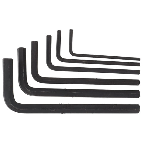 Premium Hex Key Wrench Set With Clear Metric Markings For Bike Repair And Furniture Assembly. This Portable 6 PCS Carbon Steel Allen Wrench Kit Is Perfect For Home DIY And Quick Tool Fixes That Get The Job Done Right. six black L-shaped hex keys