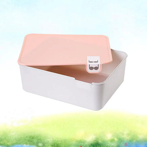 Open pink plastic underwear storage box with marked lid for under bed closet drawer organization.