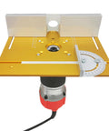 Heavy Duty Aluminum Router Table Insert Plate With Easy Mount Slide Brackets And Bullseye Miter Gauge Fence Built Dang Tough For Weekend Warriors And Delivering Flawless Cuts Every Single Time, showing the aluminum surface and attached router.