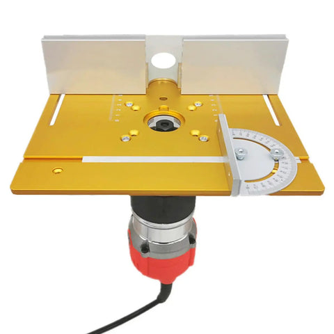 Heavy Duty Aluminum Router Table Insert Plate With Easy Mount Slide Brackets And Bullseye Miter Gauge Fence Built Dang Tough For Weekend Warriors And Delivering Flawless Cuts Every Single Time, showing the aluminum surface and attached router.