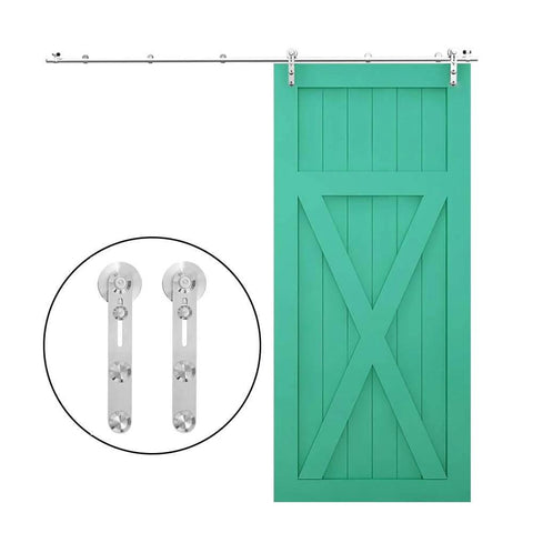 Heavy Duty Sliding Barn Door Hardware Kit Stainless Steel Track System For 24 Inch Wide Wood Door with I Shape Hangers shown installed